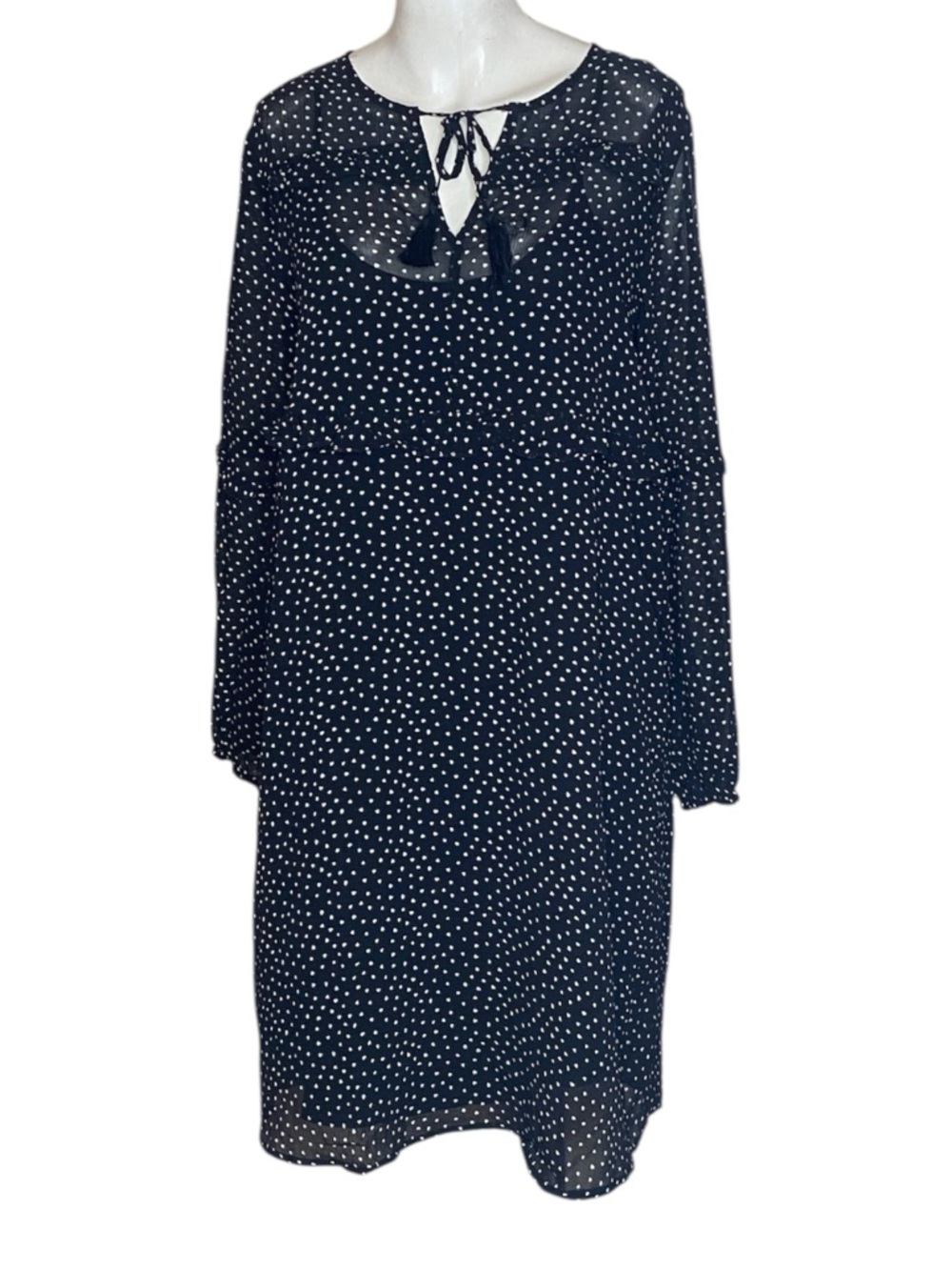 Garnet Hill Polka Dot Long Sleeve Tie-Neck Silk Dress - Dark Navy Size XS